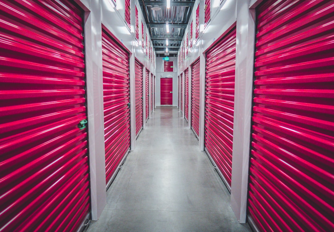 Closed red storage unit doors