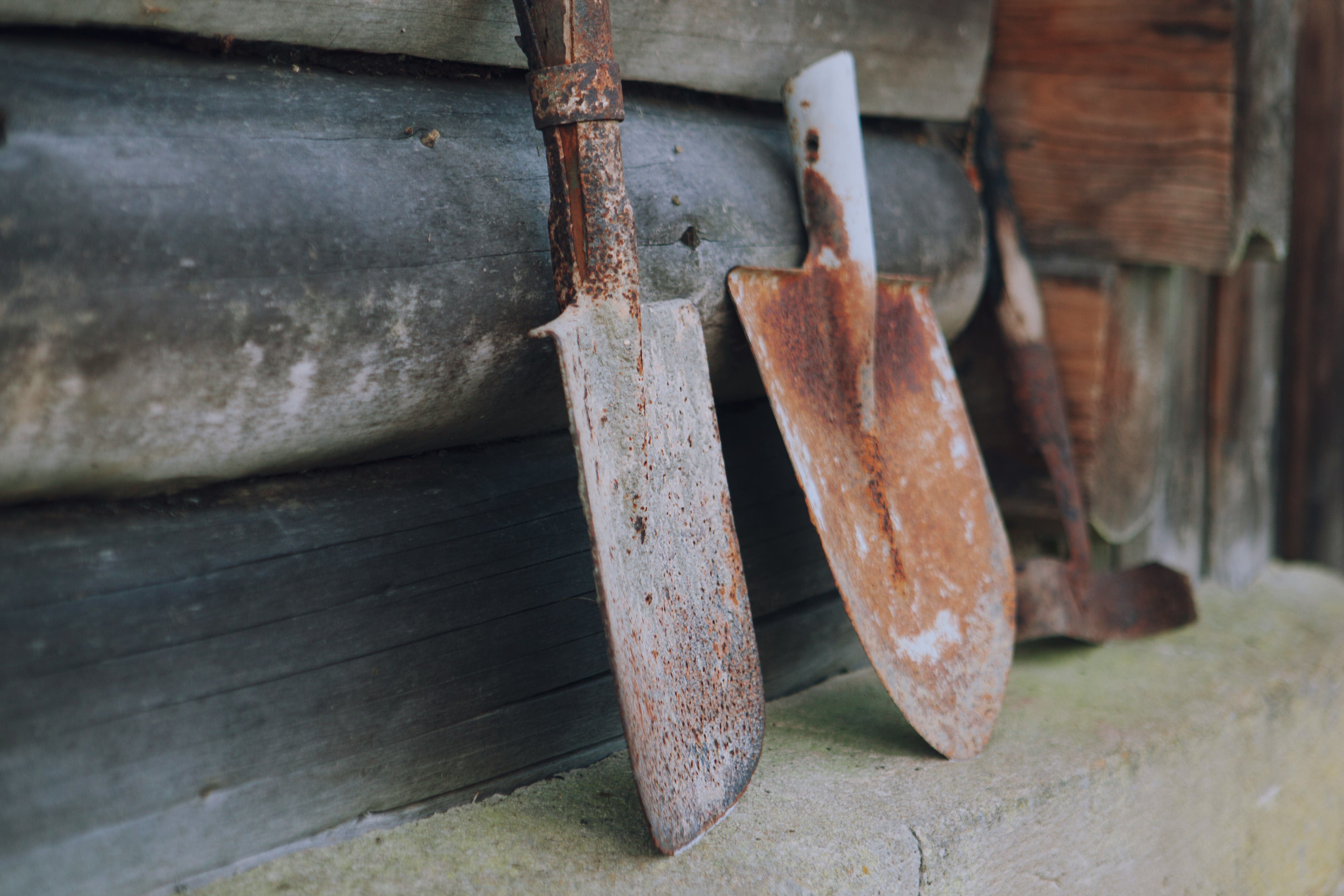 Rusty tools against a wood wall